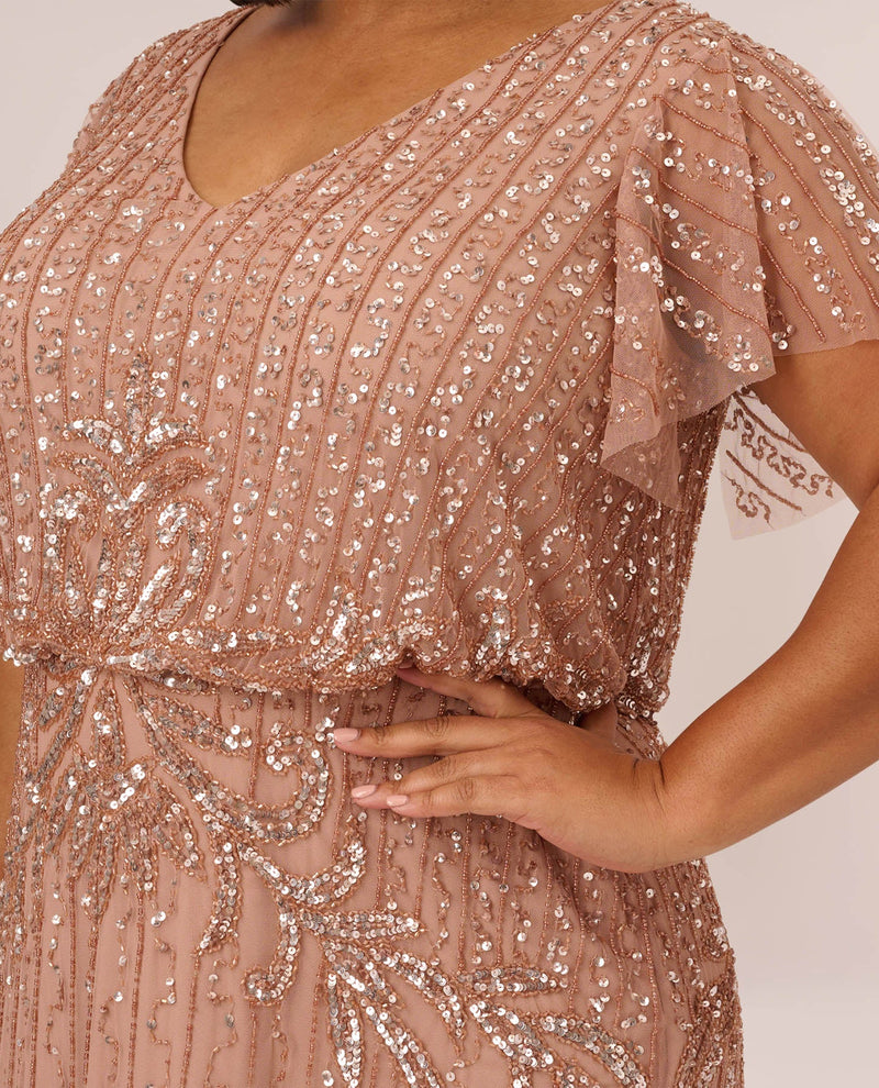 Adrianna Papell Plus Size Short Sleeve Beaded Blouson Gown In Taupe Pink  20W | eBay